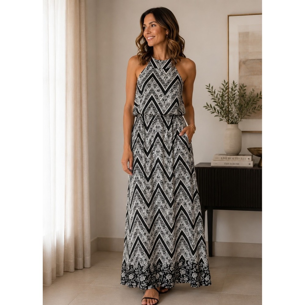 Three Pink Hearts Women Maxi Dress Large Black White Chevron Halter Keyhole Back